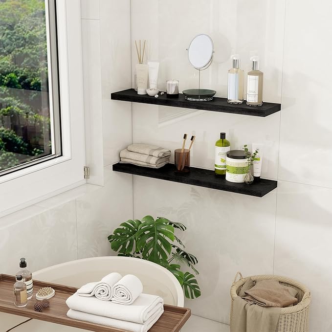 Fun Memories Floating Shelves for Wall, 30" Rustic Wood Deep Wall Mounted Shelves with Invisible Brackets for Decor & Storage, Floating Shelf for Living Room, Bathroom (Black, Set of 2)