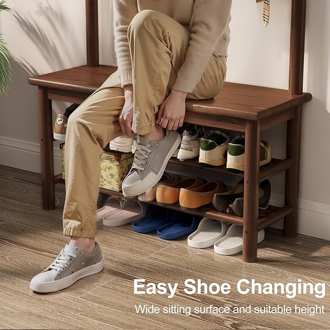 Hall Tree, Coat Rack with Shoe Storage, Wooden Hall Tree with Bench, 11 Hooks and 2-Tier Storage Shelves, Entryway Bench with Coat Rack (31.5" - Deep Walnut)