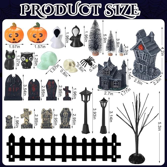 56 Pcs Halloween Village Accessories Set Halloween Haunted House Village Set Miniature Tombstones Tree Fake Spiders Fence Streetlamp Figurines for Home Table Party Decor