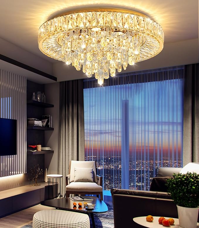 23.6'' Modern Crystal Chandeliers LED Dimmable Flush Mount Ceiling Chandeliers for Living Room Entrance Foyer Bedroom Gold