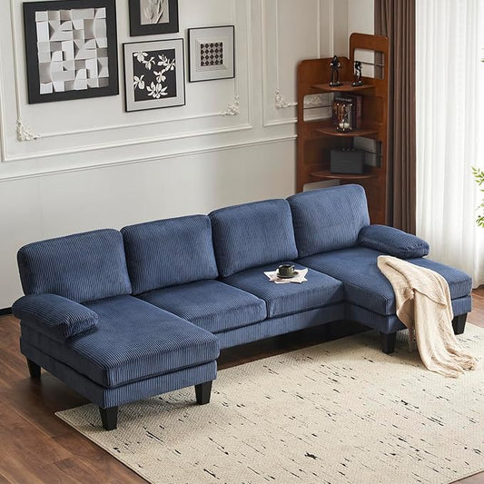 Karl home U-Shape Sectional Sofa Couch 111" Modern 4-Seat Sofa with Chaises Corduroy Fabric Upholstered Covertible Couch with Wood Grain Legs for Living Room, Reception Room, Apartment, Navy Blue
