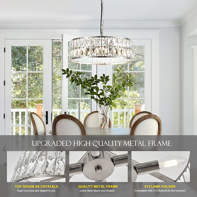 16” 4-Light Modern Crystal Chandeliers Nickel Dinning Room Light Fixture, Round Pendant Light Kitchen Island Chandelier, Flush Mount Ceiling Light for Living Room Entryway Bedroom Foyer