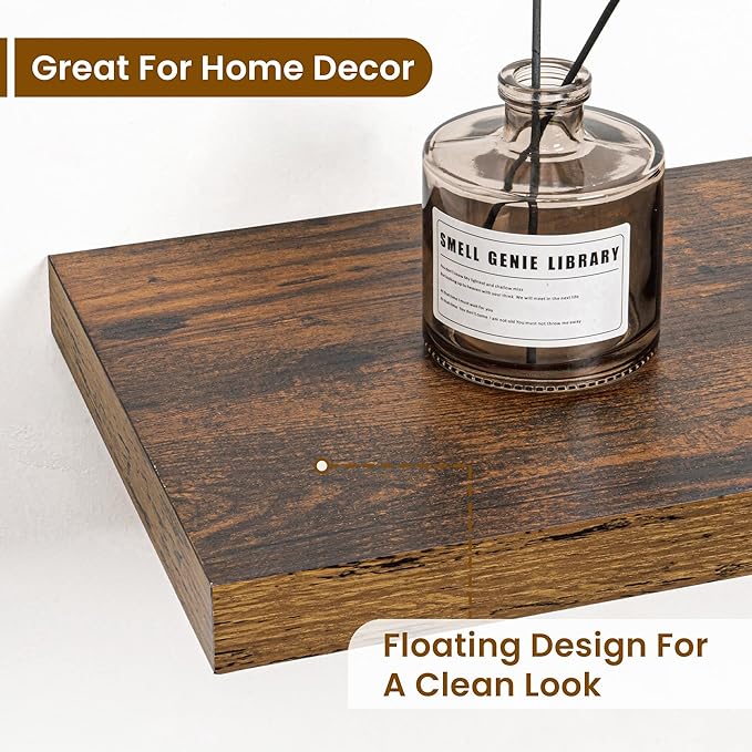 Fun Memories 24 Inch Floating Shelves for Wall, 9 Inch Deep Brown Rustic Wood Wall Mounted Shelves for Bathroom, Kitchen, Living Room, Set of 2