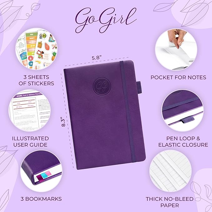 GoGirl Food Journal & Wellness Planner –– Diet & Fitness Diary – Nutrition Journal with Meal, Exercise & Weigh Loss Tracker, A5 (Purple)