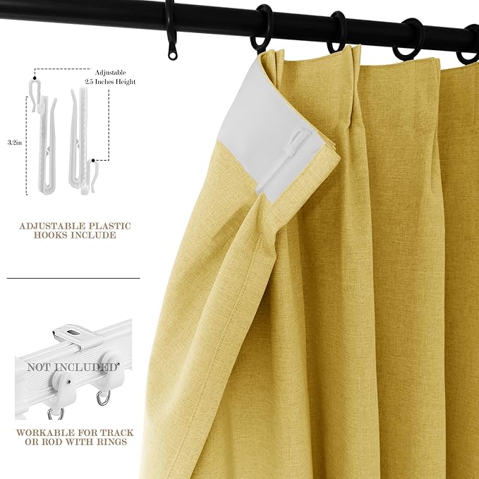 100" W x 96" L Faux Linen Room Divider Curtains, Full Blackout Pinch Pleated Drapes for Traverse Rod, Bedroom Divider Privacy Drapery with Hooks for Ceiling Track, 1 Panel, Yellow