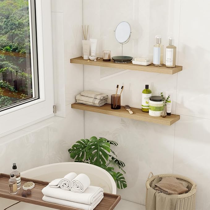 Fun Memories Floating Shelves for Wall, 32" Rustic Wood Deep Wall Mounted Shelves with Invisible Brackets for Decor & Storage, Floating Shelf for Living Room, Bathroom (Oak, Set of 2)