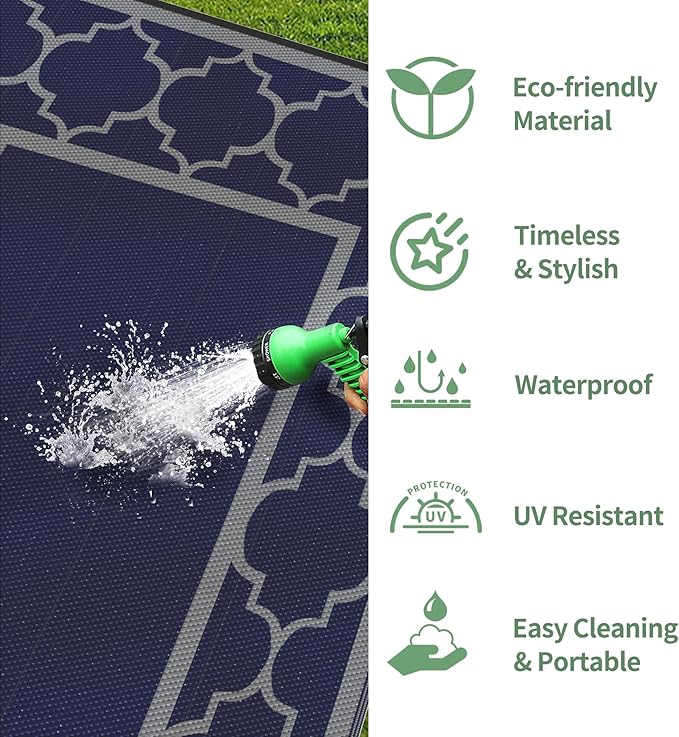 GENIMO 10 ' x 14 ' Outdoor Rug Waterproof for Patio Decor, Foldable Reversible Plastic Straw Area Rugs Mat for Camper, Outside Carpet for Rv, Deck, Porch, Picnic, Beach, Balcony, Blue & Grey