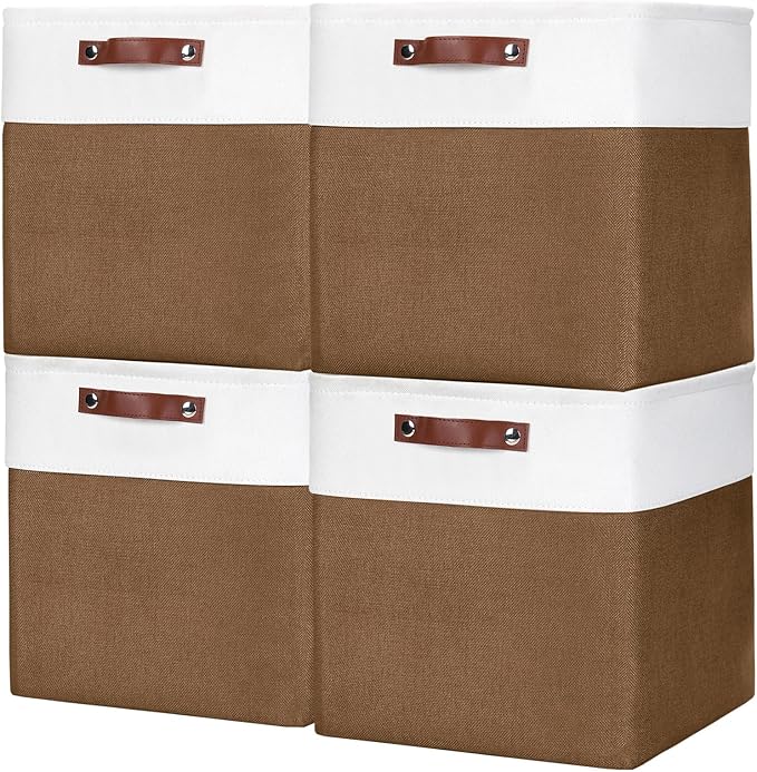 13x13 Cube Storage Bins, Collapsible Fabric Storage Box, 4 Pack Closet Baskets with Handles for Organizing, Shelf, Toys, Clothes, Home, Office, Nursery (Brown&White)