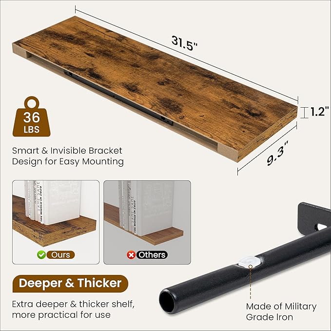 Fun Memories Floating Shelves for Wall, 32 Inch Rustic Wood Wall Mounted Shelves for Bathroom, Bedroom, Kitchen, Living Room, Deep Floating Shelves for Storage & Home Decor (Brown,Set of 2)