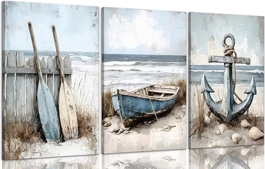 3Pcs Coastal Beach Canvas Wall Art Sailboat Paddle And Anchor Paintings Pictures Wall Decor Nautical Posters Prints Artwork Suitable for Living Room Bedroom Home Office Corridor Home Decroation