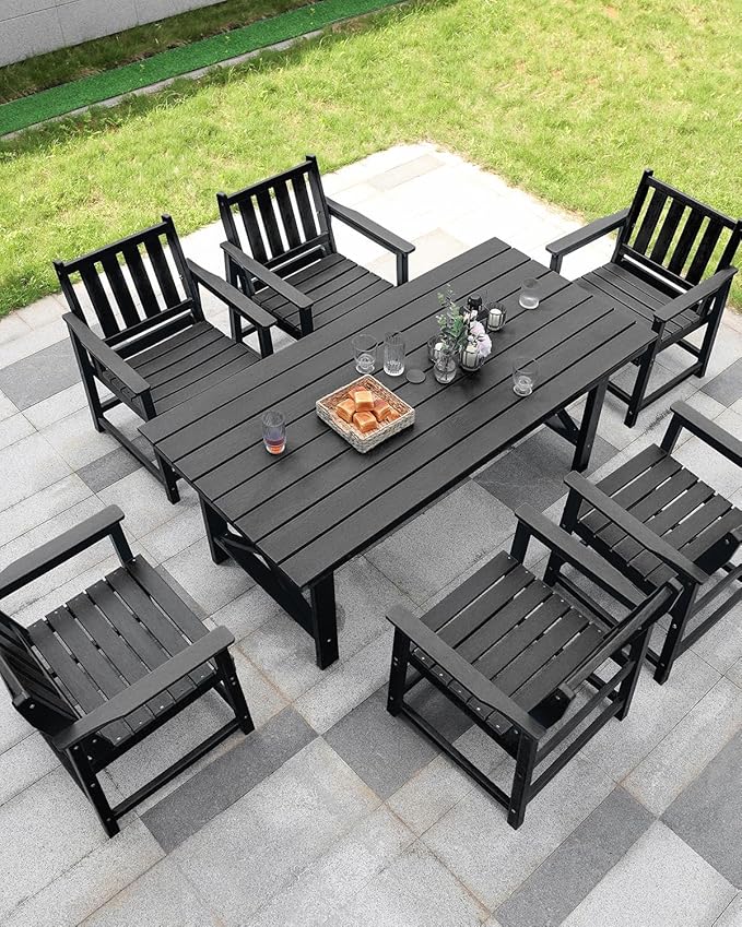 7 Pieces HDPE Outdoor Dining Set, Patio Dining Set with Umbrella Hole, All Weather Outdoor Dining Table Sets for 6, HDPE Patio Furniture Sets for Deck, Backyard, Lawn, and Poolside, Obsidian