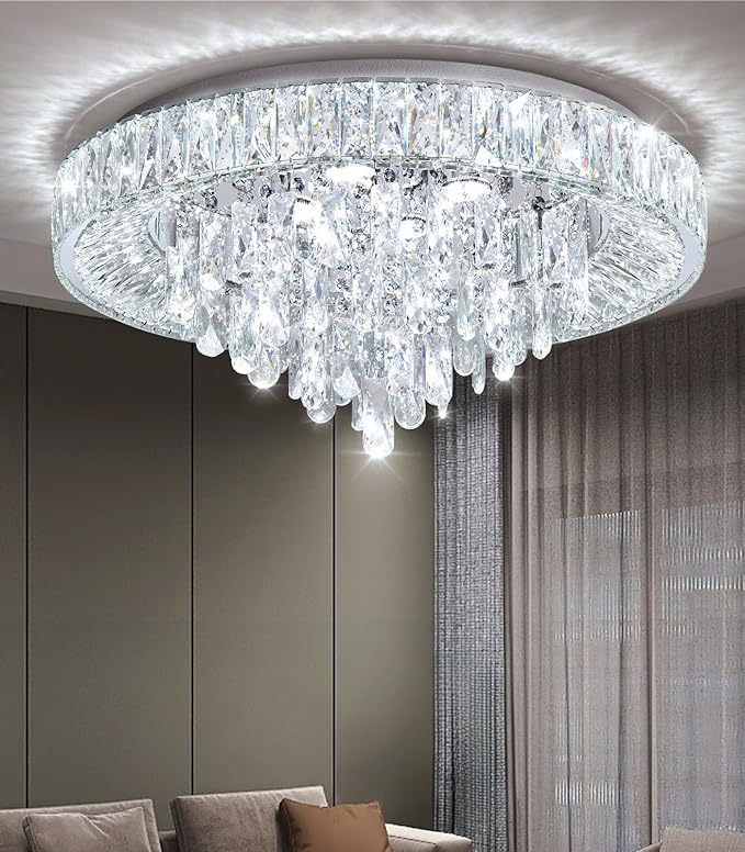 23.6'' Modern Crystal Chandeliers LED Dimmable Flush Mount Ceiling Chandeliers for Living Room Entrance Foyer Bedroom Silver