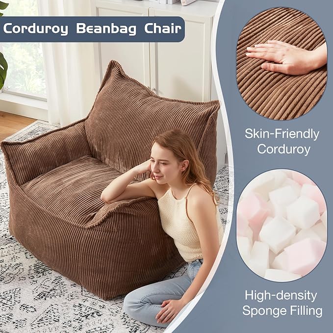 Giant Bean Bag Chair Sofa for Adults Teens, Comfy Corduroy Large Bean Bag Chairs with Armrests for Bedroom Living Room, Adult BeanBag Lazy Sofa Couch Chairs with Filler Included