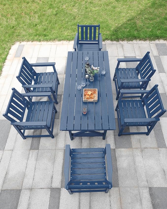 7 Pieces HDPE Outdoor Dining Set, Patio Dining Set with Umbrella Hole, All Weather Outdoor Dining Table Sets for 6, HDPE Patio Furniture Sets for Deck, Backyard, Lawn, and Poolside, Navy