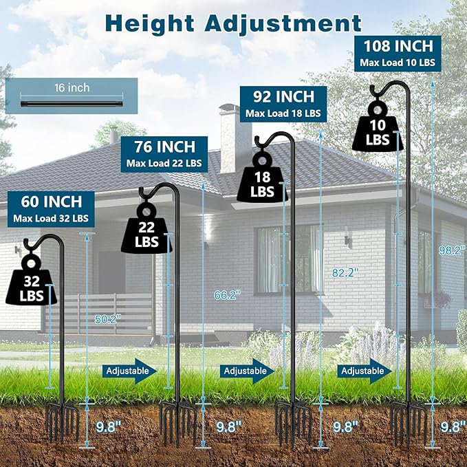 Gtongoko Adjustable Shepherds Hooks for Outdoor 76 Inch Bird Feeder Pole with 7 Prongs Base, 3/4 Inch Thick Heavy Duty for Hanging Bird Feeder, Plant Baskets,1 Pack