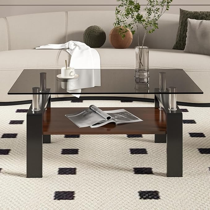 Glass Coffee Table Rectangle Living Room Center Table, with Gray Tempered Glass Tabletop and Brown MDF Layer,for Living Room and Office, Gray+Brown