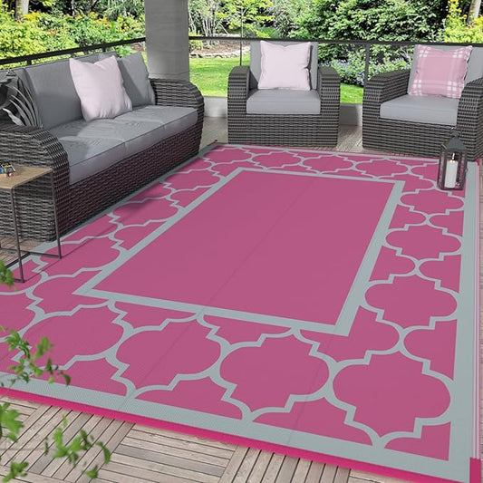 GENIMO 6' x 9' Outdoor Rug Waterproof for Patio Decor, Foldable Reversible Plastic Straw Area Rugs Mat for Camper, Outside Carpet for Rv, Deck, Porch, Picnic, Beach, Balcony, Pink & Grey
