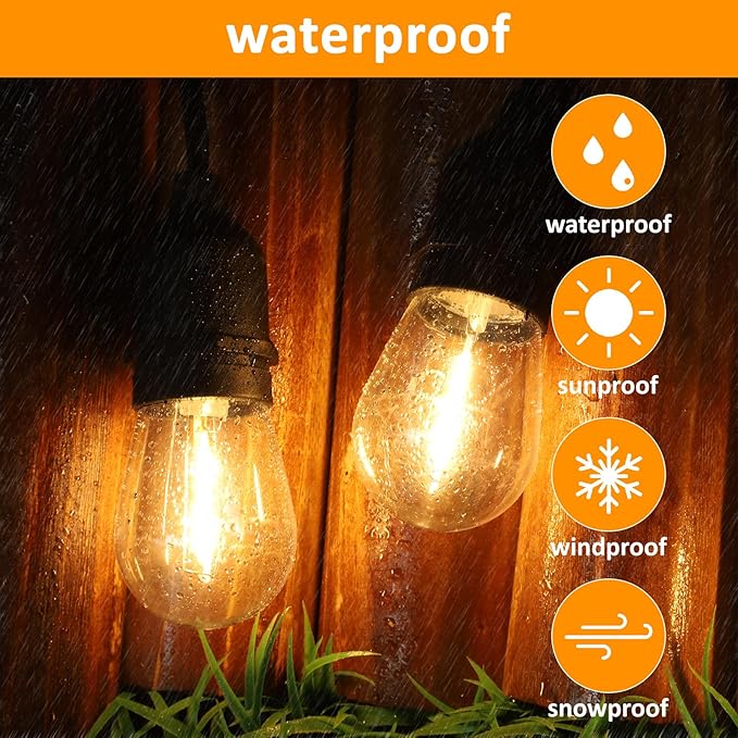 48Ft LED Outdoor String Lights with Dimmer, 15 Edison Bulbs Waterproof Patio String Lights with 4 Brightness Modes Remote Control (Included), Porch Backyard Bistro Decoration