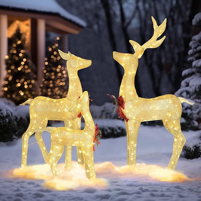 4.5FT Lighted Reindeer Family Set for Christmas Decoration, 3 Pieces Pre-Lit Iridescent Deer with 200 LED Lights, 3D Glittered Standing Holiday Display for Outdoor, Indoor, Golden