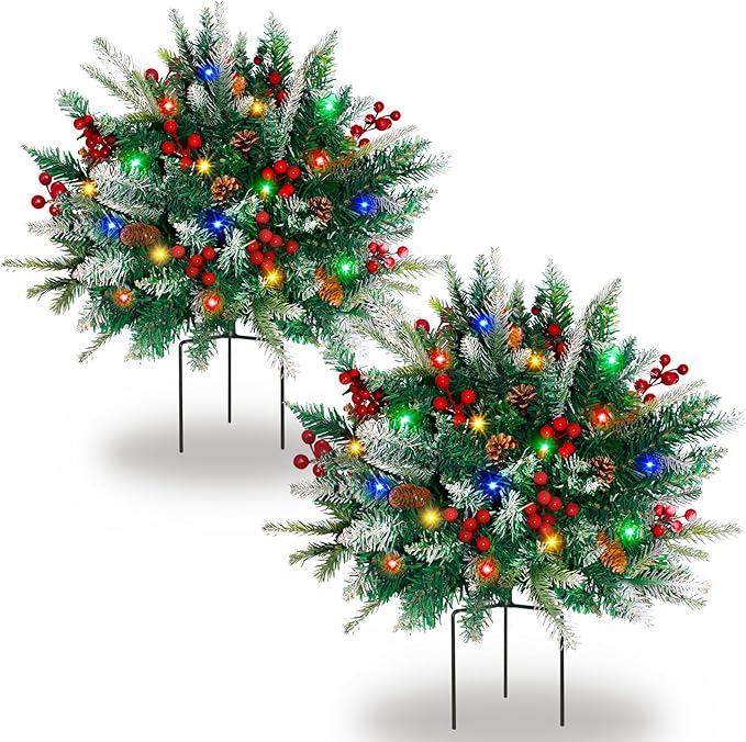 2 Pack Lighted Artificial Christmas Urn Filler, Battery Operated Pre-lit Xmas Pine Trees, Tripod Stake and 60 LED Lights, Holiday Porch Decorations for Porch, Yard, Garden, Flower Beds（Multicolor）