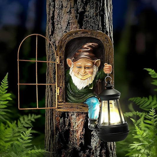 Garden Gnome Decor Outdoor Statue - Gnome With Solar Waterproof Lantern, Whimsical Elf Out The Door Tree Hugger Garden Statues, Home, Fence, Patio, Resin Ornament, Gardening Gift Tree Faces Gnomes