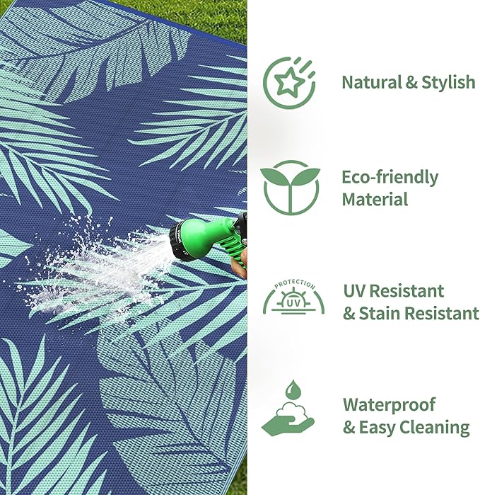 GENIMO Outdoor Rug 5' x 8' Waterproof for Patios Clearance, Reversible Outdoor Plastic Straw Camping Rug Carpet, Large Area Rugs Mats for RV, Camper, Deck, Balcony, Porch, Beach, Royal Blue&Blue Green