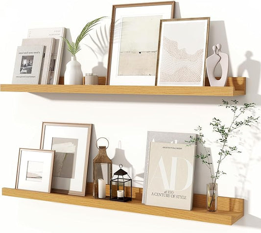 Fun Memories Picture Ledge Shelves Set of 2, 32 Inch Rustic Wall Mounted Floating Shelves with Lip for Home Storage and Décor in Bathroom, Kitchen, Nursery, Bedroom, Living Room, Oak