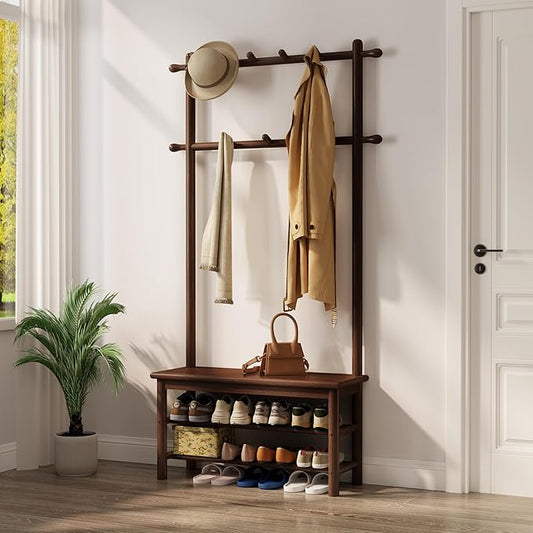 Hall Tree, Coat Rack with Shoe Storage, Wooden Hall Tree with Bench, 11 Hooks and 2-Tier Storage Shelves, Entryway Bench with Coat Rack (31.5" - Deep Walnut)