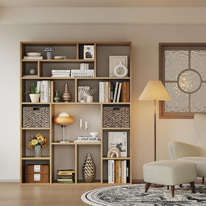 71" Tall 6-Tier Heavy Duty Bookcase with 2 Foldable Storage Baskets, 55" Wide Open Bookshelf with 16 Irregular Cubes for Living Room, Office （Yellow）