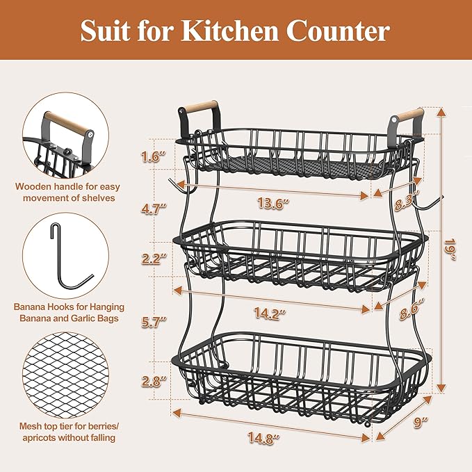 3 Tier Fruit Basket for Kitchen Counter, Fruit Bowl with 2 Banana Hooks Mesh Top, Multifunctional Detachable Sturdy Kitchen Storage Organizer for Vegetables Snacks Onion Potato, Black