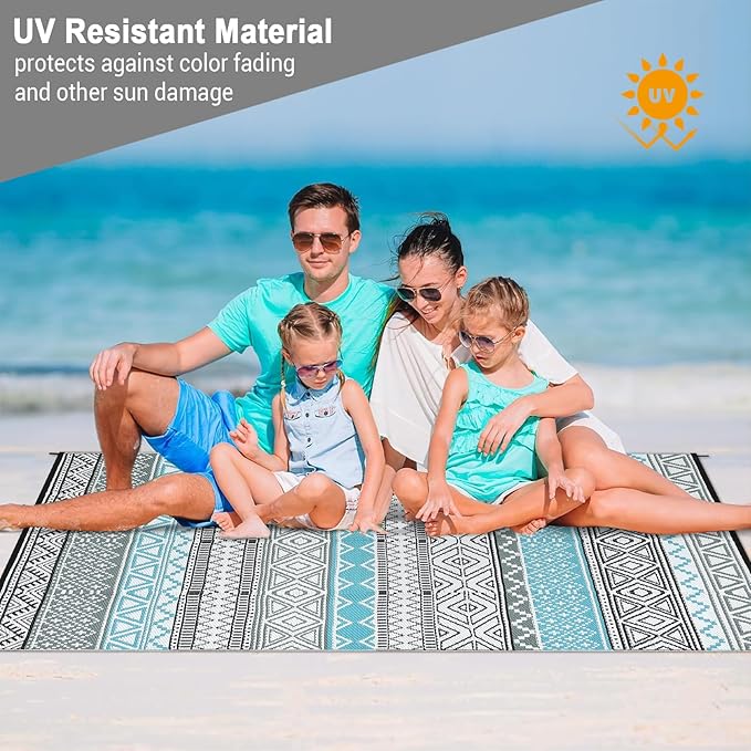 GAOMON Outdoor Plastic Straw Rug, 10'x20' Reversible Sage Green Patio Mat, Flower Modern Design for RV, Backyard, Deck, Camping, Picnic, Blue/Grey(Bohemia)