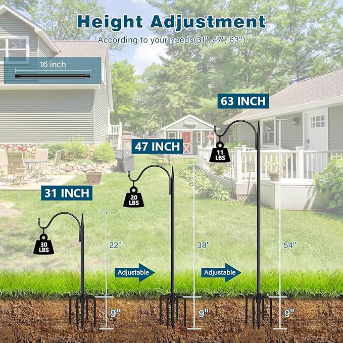 Gtongoko 63 Inch Shepherds Hooks for Outdoor with 5 Prongs Base, Adjustable Bird Feeder Pole Garden Hooks for Hanging Lanterns, Plants Baskets, Hummingbird Feeders, 1 Pack