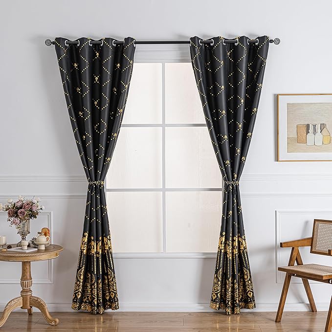 Grommets Blackout Long Window Curtains Black Gold-52W*108L 2PCS Drapes for Bedroom