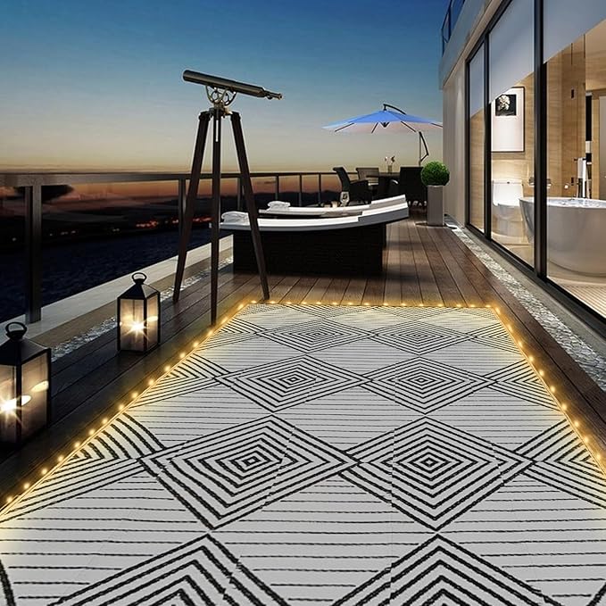 6x9ft Waterproof Outdoor Rug with LED Lights, Foldable Reversible Plastic Straw Mat for Patio RV Camping Picnic Balcony Beach Deck Indoor Outdoor Carpet, Black&White