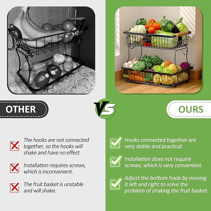 2 Tier Fruit Basket for Kitchen Counter with 2 Banana Hangers, Countertop Metal Fruit Bowl with Wooden Handle, Large Storage Stand for Vegetables, Snacks, Breads, Produce Storage – Black