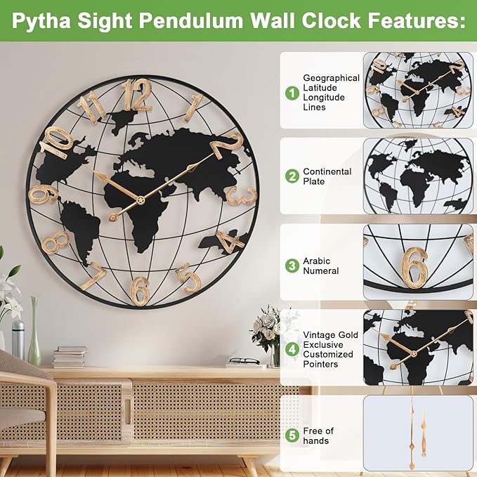 20 Inch Large Wall Clock for Living Room Decor,Big Modern Decorative Silent Metal World Map Wall Clock with Vintage Gold Arabic Numeral for Office,Living Room,Kitchen,Dining Room