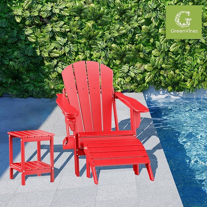 GREENVINES Adirondack-Ottoman | Set of 2 | HDPE Plastic | Outdoor Footrest | All Weather | Foot Rest | Foot Stool | Red | for Adirondack Chair | for Patio Backyard Pool