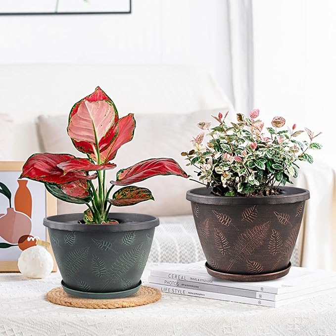11 inch Plant Pot, 3 Pack Large Pots for Plants, Flower Pots with Drainage Hole & Saucer, Modern Planters for Indoor Outdoor Plants, Decorative Plastic Garden Pots (Copper)