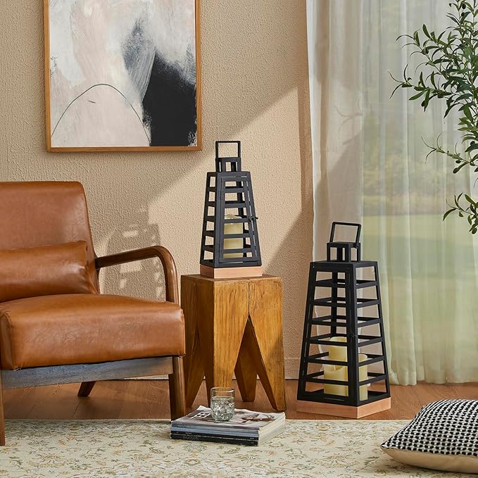 Glitzhome Set of 2 Modern Trapezoid Metal/Wood Decorative Lanterns,Large Candle Lanterns for Living Room,Home,Indoor, Outdoor,Table,Fireplace Mantle Decor -Black(No Glass)