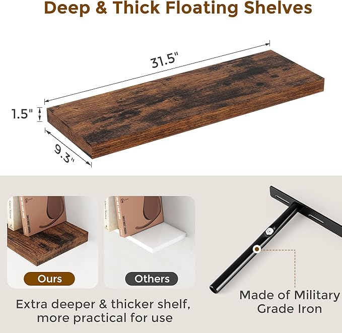Fun Memories 32 Inch Floating Shelves, Farmhouse Wood Floating Shelf Set of 2, 32 x 9 Floating Shelf Wall Mounted, Deep Storage Display Shelves for Kitchen, Bedroom, Living Room, Rustic Brown Color