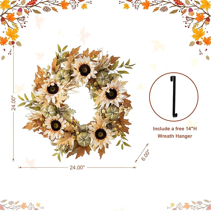 Glitzhome 24''D Artificial Fall Wreath for Front Door, Autumn Wreath with Sunflower, Pumpkin and Leaf, Metal Hanger for Farmhouse Indoor Outdoor Window Wall Door Decor