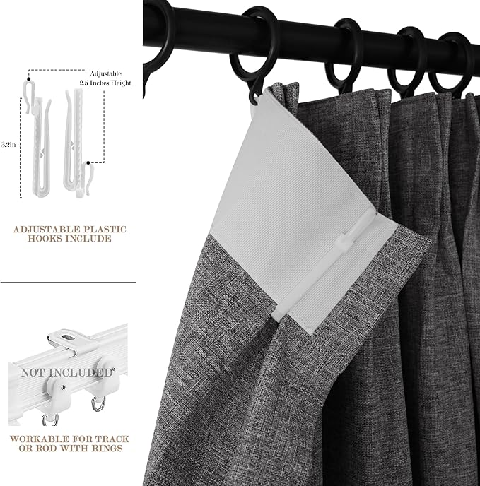 70" W x 108" L Faux Linen Room Divider Curtains, Full Blackout Pinch Pleated Drapes for Traverse Rod, Bedroom Divider Privacy Drapery with Hooks for Ceiling Track, 1 Panel, Natural Grey