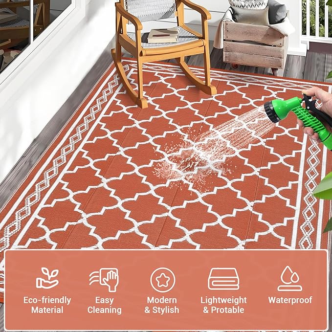 GAOMON Outdoor Rug Waterproof 8'x10', Reversible Outdoor Plastic Straw Rug, Boho Patio Rug, Indoor Outdoor Carpet, RV Mat Outside for Patio, Camp, Picnic, Balcony, Deck, Orange/White(Geometric)