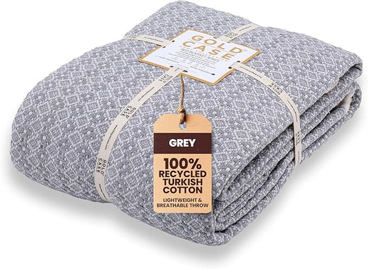 Gold Case Throw Blanket for Bed – 100% Recycled Turkish Cotton Bed Blanket – Decorative Throw Cotton Blankets for Living Room & Bedroom – Woven Twin Blankets - 71x90 - Grey