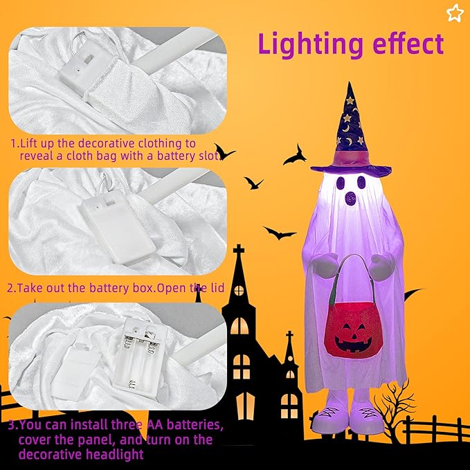 37" Cute Front Porch Light Up Halloween Ghost Décor, Kids Standing Trick or Treat Indoor and Outdoor Decorations-Star Moon