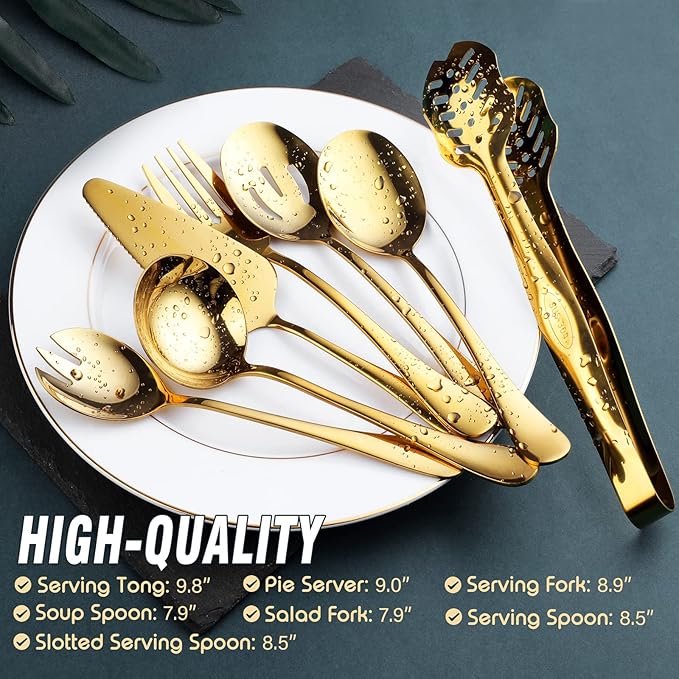 Gold Serving Utensils, OGORI 10-Piece Polished Stainless Steel Gold Serving Utensils Set Include Serving Spoons, Slotted Serving Spoon, Serving Tongs, Serving Fork, Salad Fork, Soup Ladle, Pie Server
