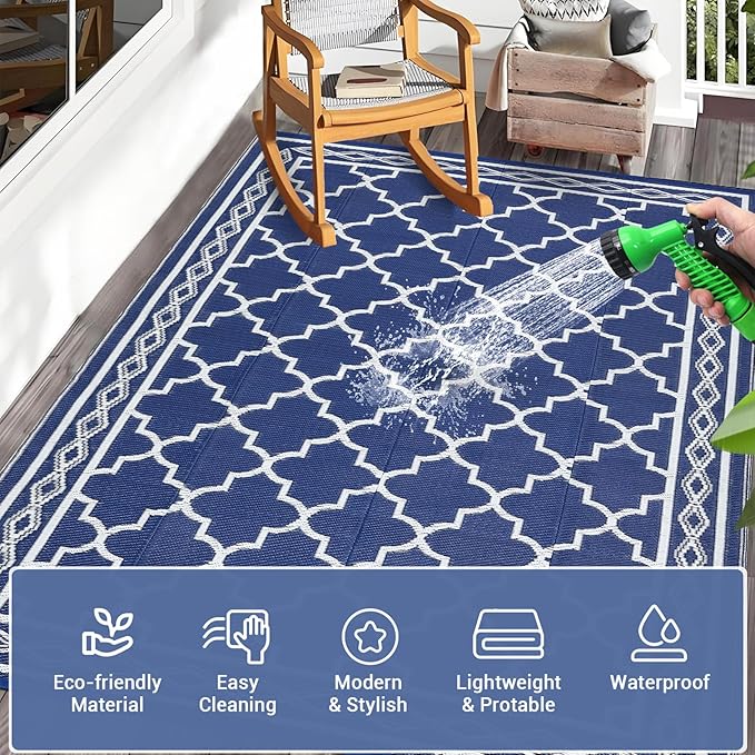 GAOMON Outdoor Rug 9'x12' Waterproof Rug for Patio Decor, Foldable Reversible Plastic Straw Area Rugs Mat for Camper, Outside Carpet for Deck, Porch, Picnic, Beach, Navy/White(Geometric)