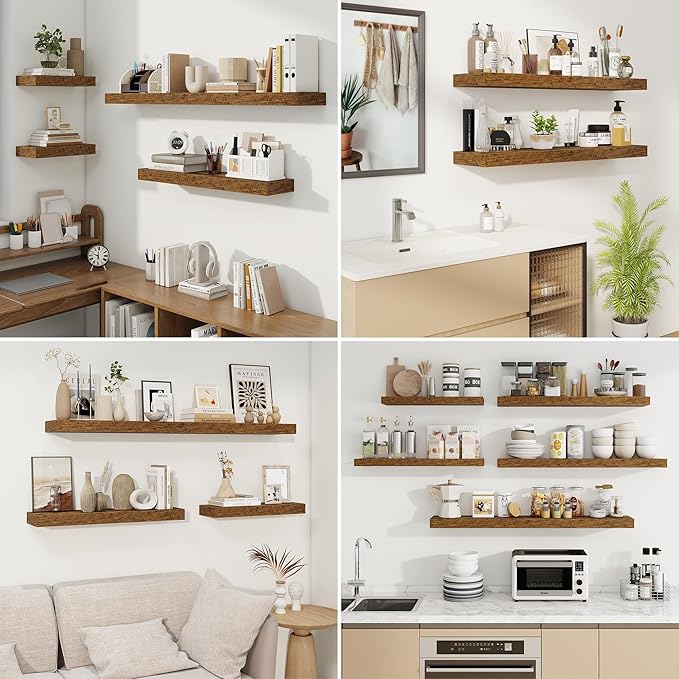 fuqing Floating Shelves for Wall, Bathroom Shelf Wall Mounted for Storage, Shelves with Invisible Bracket for Bedroom, Kitchen, Living Room, Farmhouse Small Book Shelf, 16 Inch Set of 2, Rustic Brown