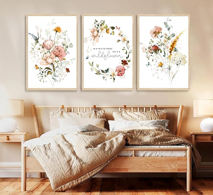 3Pcs Pink Flowers Canvas Wall Art In A Field Of Roses She Is A Wildflower Painting Picture Decor Watercolor Wreath Poster Print Artwork for Nursery living room Girls Room Home Decoration Unframed