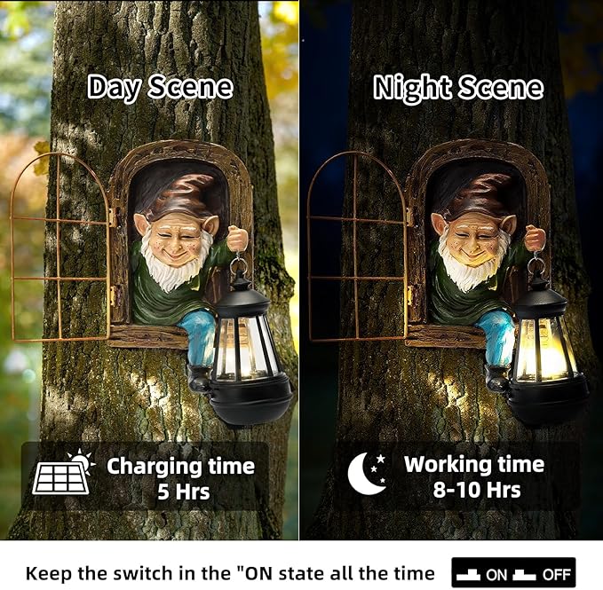 Garden Gnome Decor Outdoor Statue - Gnome With Solar Waterproof Lantern, Whimsical Elf Out The Door Tree Hugger Garden Statues, Home, Fence, Patio, Resin Ornament, Gardening Gift Tree Faces Gnomes